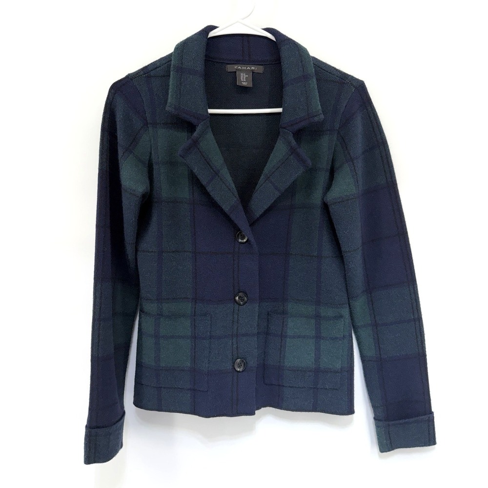 Tahari Navy Green Plaid Sweater Cardigan Blazer Knit Career Office Soft Women XS